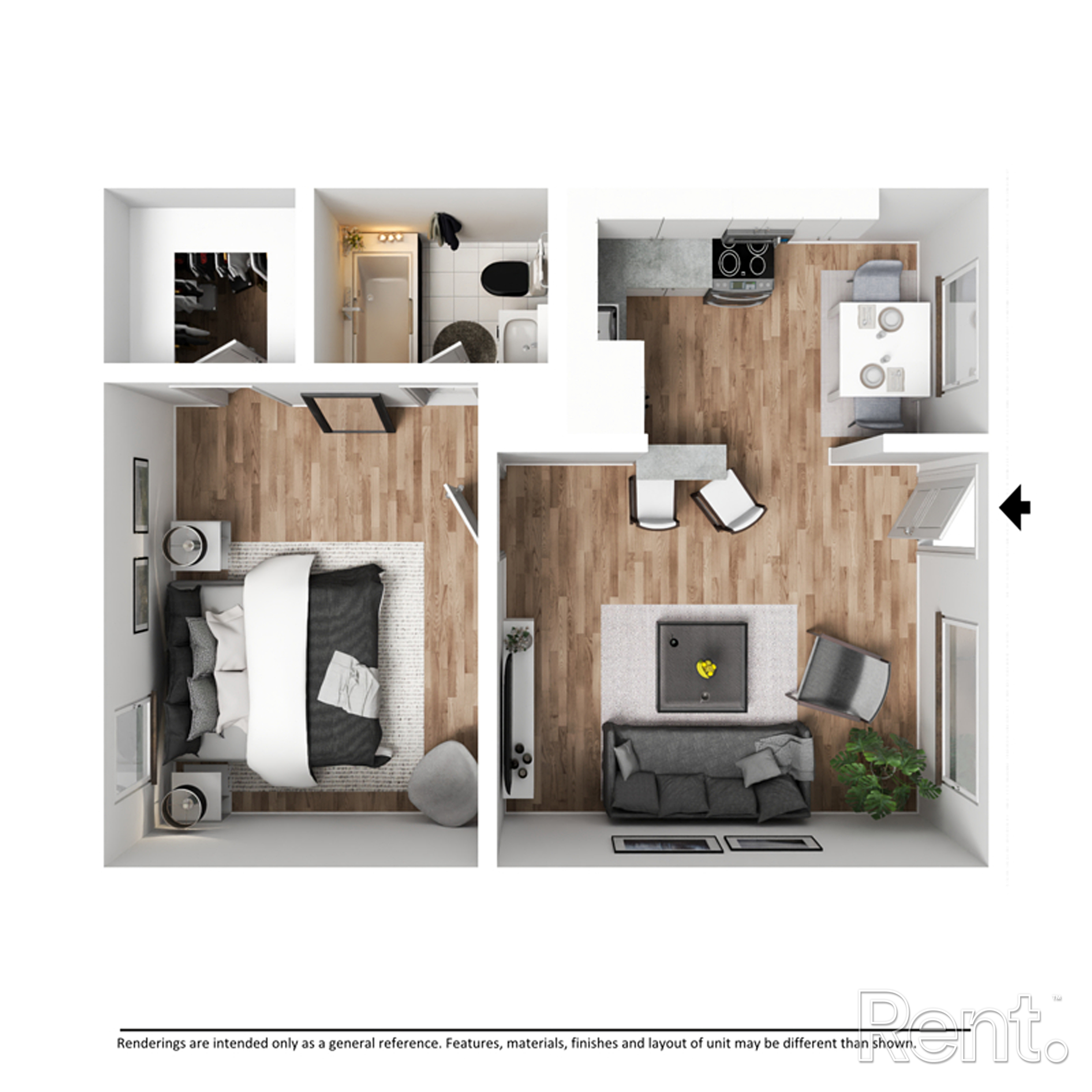 1 Bed/1 Bath - 3D Plan