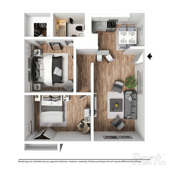 a floor plan of a two bedroom apartment at The Flamingo Apartments